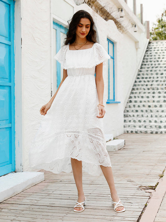 Dresses- Bohemian Lace Trim Off-Shoulder Midi Maxi Dress- White- IndioGear Fashion and Gear