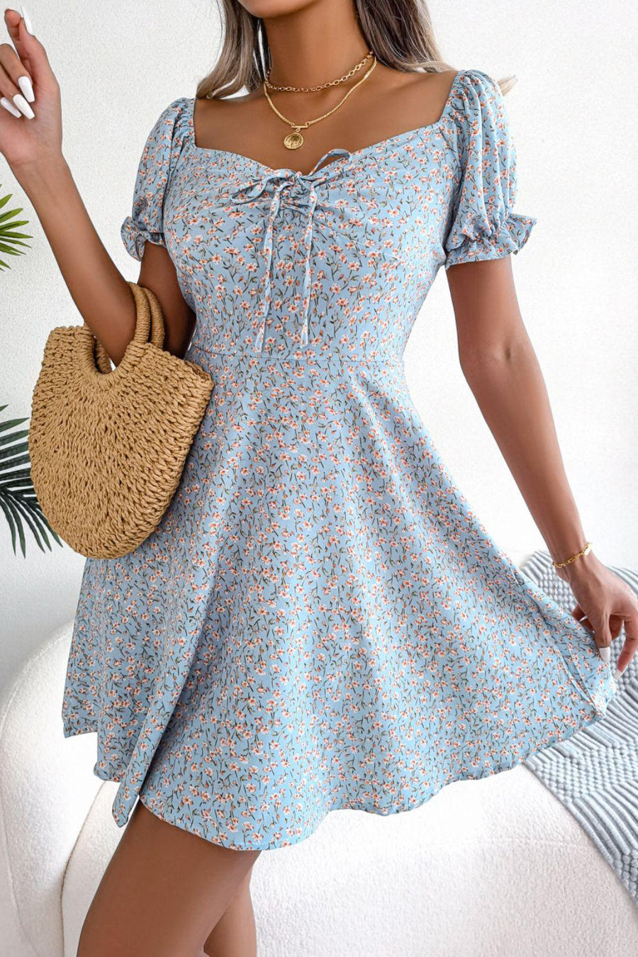 Dresses- Chic and Comfy Floral A-Line Dress with Tie Front and Square Open Back- - Pekosa Women Clothing