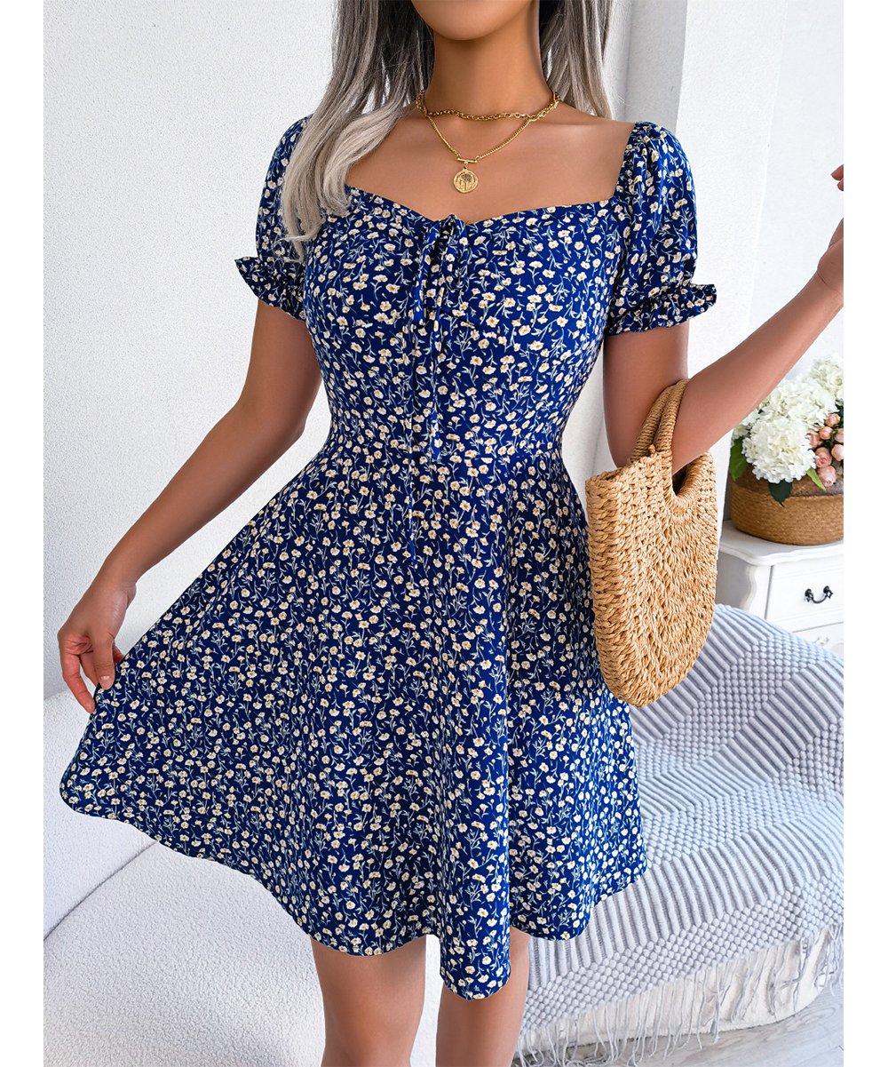 Dresses- Chic and Comfy Floral A-Line Dress with Tie Front and Square Open Back- - Pekosa Women Clothing