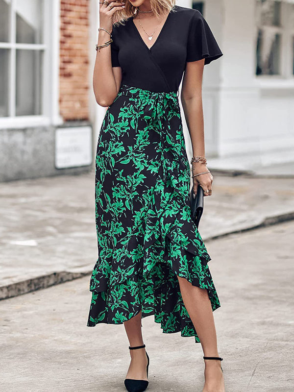 Dresses- Elegant Floral Wrap Dress with Asymmetrical High-Low, Ruffle Trim- Green- IndioGear Fashion and Gear