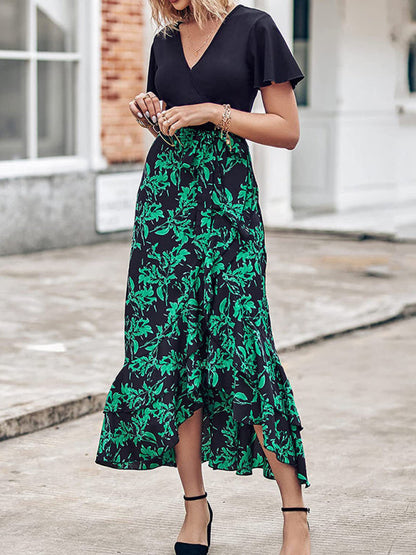 Dresses- Elegant Floral Wrap Dress with Asymmetrical High-Low, Ruffle Trim- - IndioGear Fashion and Gear