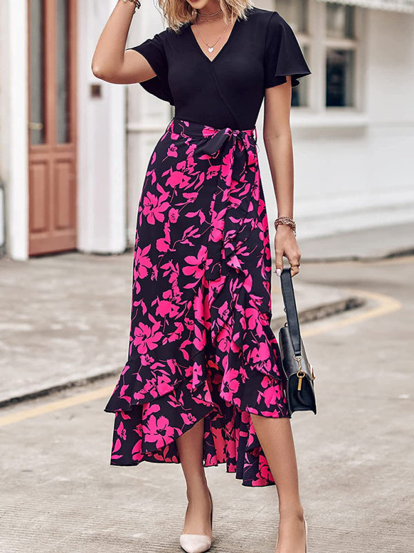 Dresses- Elegant Floral Wrap Dress with Asymmetrical High-Low, Ruffle Trim- Rose- IndioGear Fashion and Gear