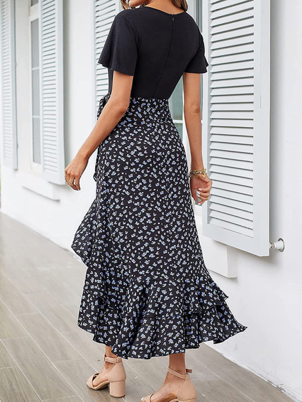 Dresses- Elegant Floral Wrap Dress with Asymmetrical High-Low, Ruffle Trim- - IndioGear Fashion and Gear