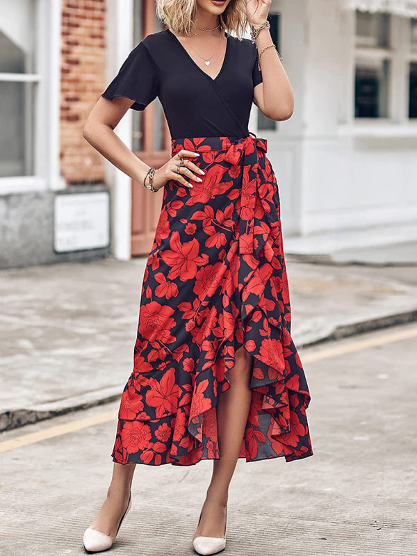 Dresses- Elegant Floral Wrap Dress with Asymmetrical High-Low, Ruffle Trim- - IndioGear Fashion and Gear