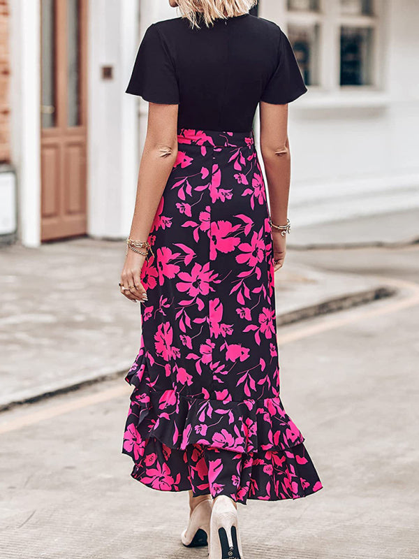 Dresses- Elegant Floral Wrap Dress with Asymmetrical High-Low, Ruffle Trim- - IndioGear Fashion and Gear