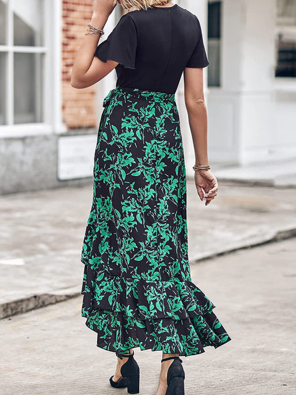 Dresses- Elegant Floral Wrap Dress with Asymmetrical High-Low, Ruffle Trim- - IndioGear Fashion and Gear