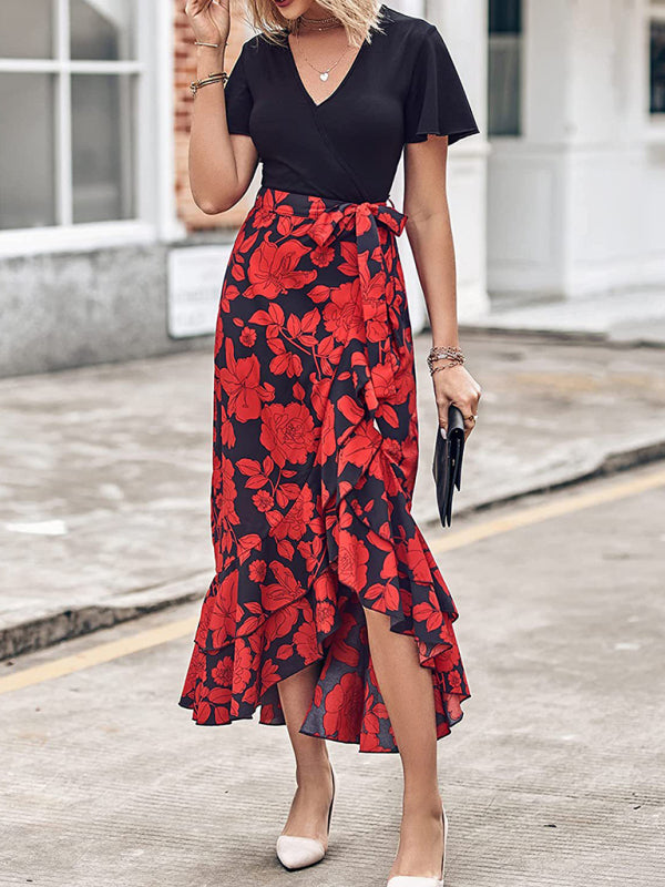 Dresses- Elegant Floral Wrap Dress with Asymmetrical High-Low, Ruffle Trim- Red- IndioGear Fashion and Gear