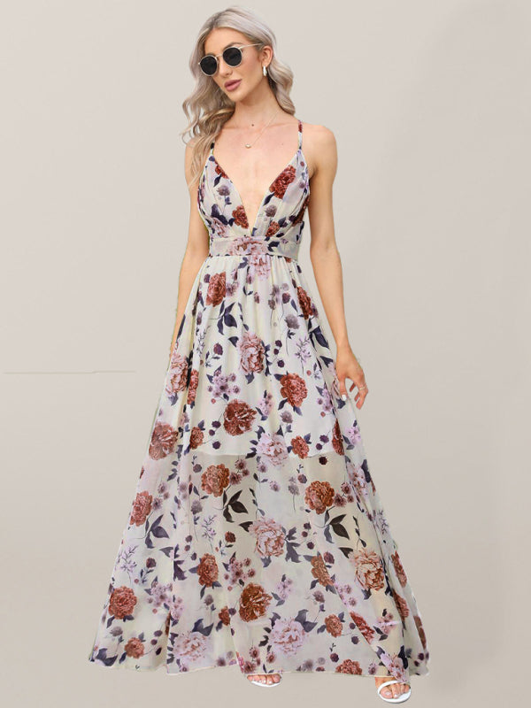 Dresses- Floral Deep V Neck Maxi Dress for Any Occasion- Pink- IndioGear Fashion and Gear