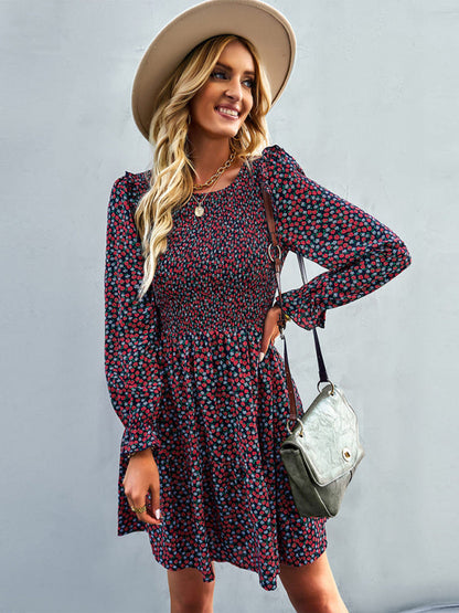 Dresses- Floral Print Mini Dress with Puff Sleeves and Tiered Skirt- Blue- IndioGear Fashion and Gear