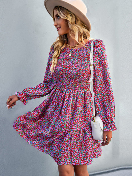 Dresses- Floral Print Mini Dress with Puff Sleeves and Tiered Skirt- Pink- IndioGear Fashion and Gear