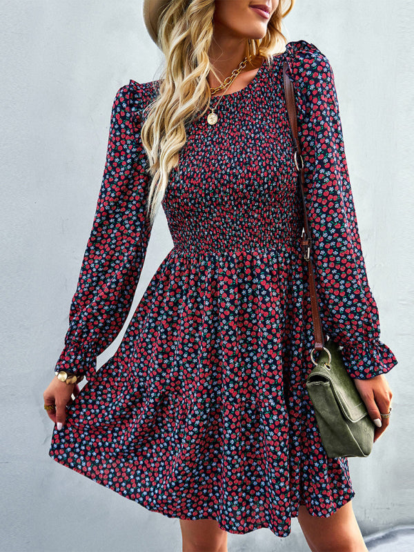 Dresses- Floral Print Mini Dress with Puff Sleeves and Tiered Skirt- - IndioGear Fashion and Gear