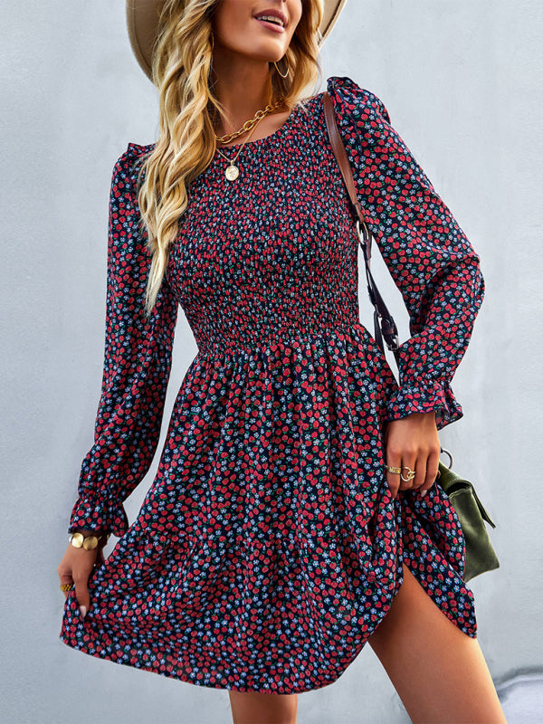 Dresses- Floral Print Mini Dress with Puff Sleeves and Tiered Skirt- - IndioGear Fashion and Gear