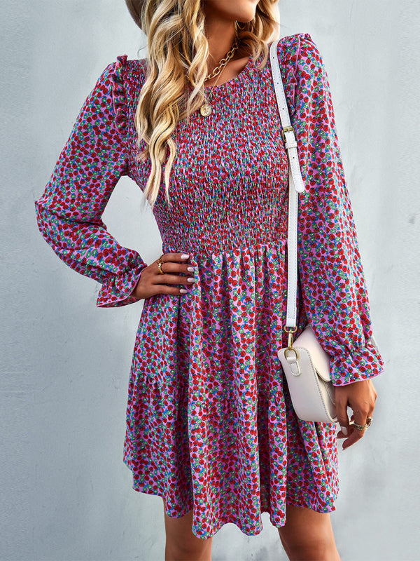 Dresses- Floral Print Mini Dress with Puff Sleeves and Tiered Skirt- - IndioGear Fashion and Gear