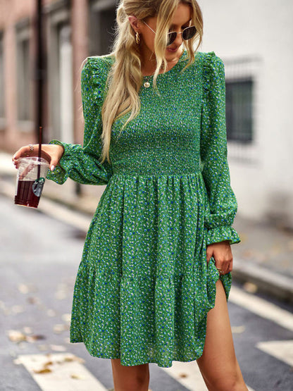 Dresses- Floral Print Mini Dress with Puff Sleeves and Tiered Skirt- - IndioGear Fashion and Gear