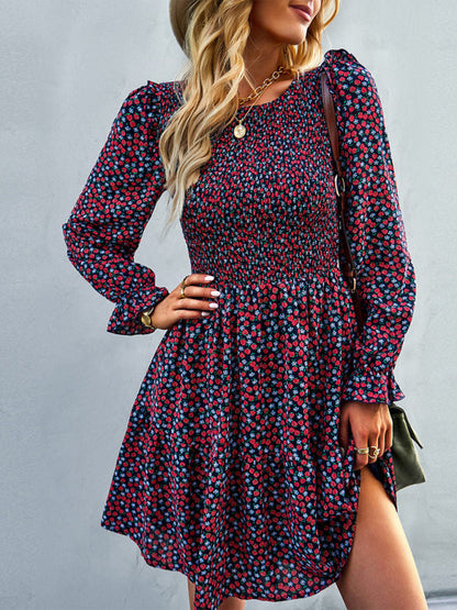 Dresses- Floral Print Mini Dress with Puff Sleeves and Tiered Skirt- - IndioGear Fashion and Gear