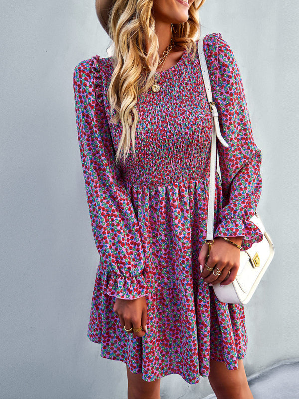 Dresses- Floral Print Mini Dress with Puff Sleeves and Tiered Skirt- - IndioGear Fashion and Gear