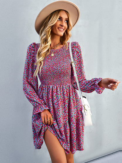 Dresses- Floral Print Mini Dress with Puff Sleeves and Tiered Skirt- - IndioGear Fashion and Gear