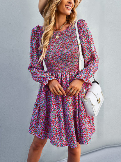 Dresses- Floral Print Mini Dress with Puff Sleeves and Tiered Skirt- - IndioGear Fashion and Gear