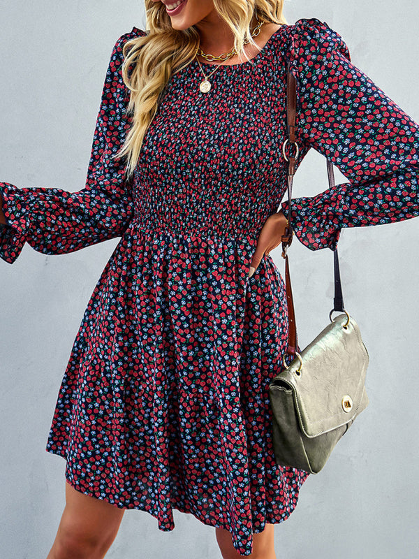 Dresses- Floral Print Mini Dress with Puff Sleeves and Tiered Skirt- - IndioGear Fashion and Gear