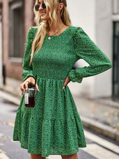 Dresses- Floral Print Mini Dress with Puff Sleeves and Tiered Skirt- - IndioGear Fashion and Gear