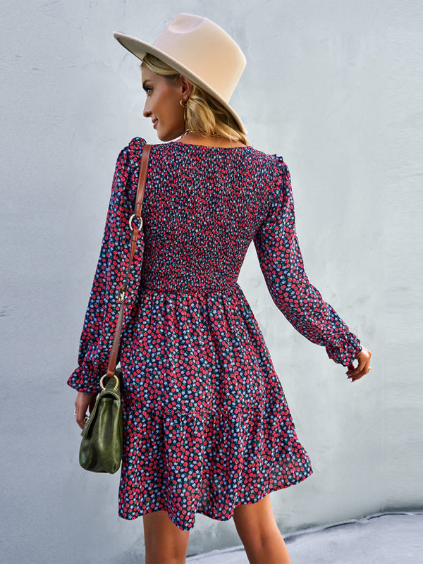 Dresses- Floral Print Mini Dress with Puff Sleeves and Tiered Skirt- - IndioGear Fashion and Gear