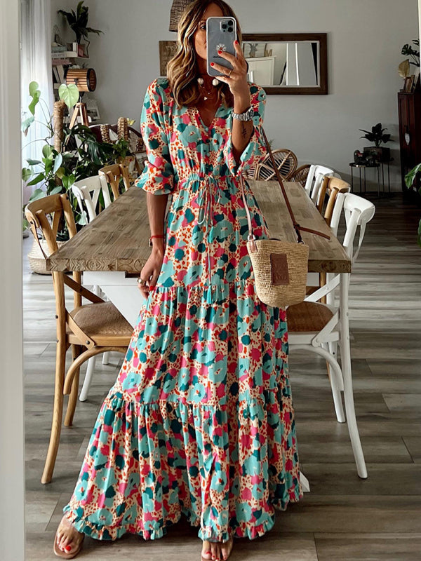 Dresses- Floral Tiered Ruffles Puff Sleeve Waist Tie Maxi Dress- - IndioGear Fashion and Gear