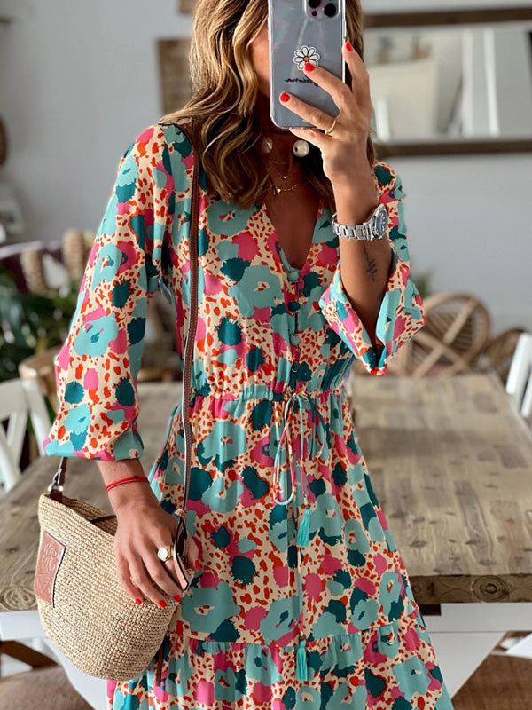 Dresses- Floral Tiered Ruffles Puff Sleeve Waist Tie Maxi Dress- - IndioGear Fashion and Gear