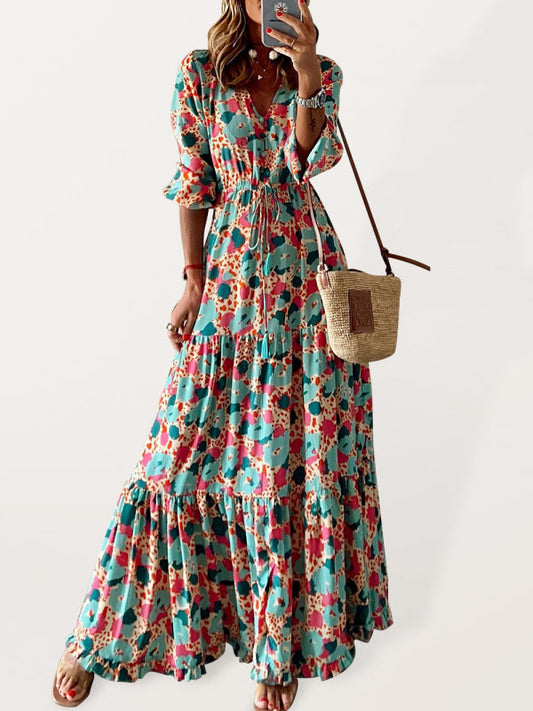 Dresses- Floral Tiered Ruffles Puff Sleeve Waist Tie Maxi Dress- Blue- IndioGear Fashion and Gear