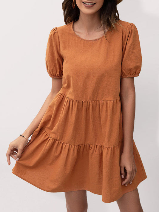 Dresses- Losse A-line Tiered Puff Sleeve Mini dress- Orange- IndioGear Fashion and Gear