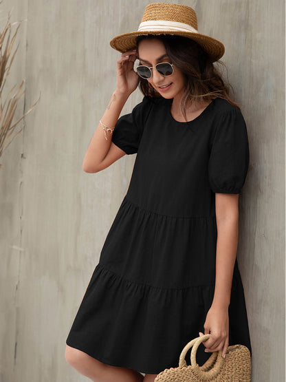 Dresses- Losse A-line Tiered Puff Sleeve Mini dress- - IndioGear Fashion and Gear