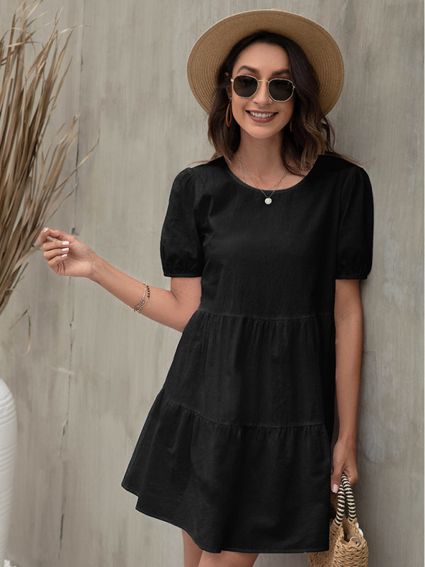 Dresses- Losse A-line Tiered Puff Sleeve Mini dress- Black- IndioGear Fashion and Gear