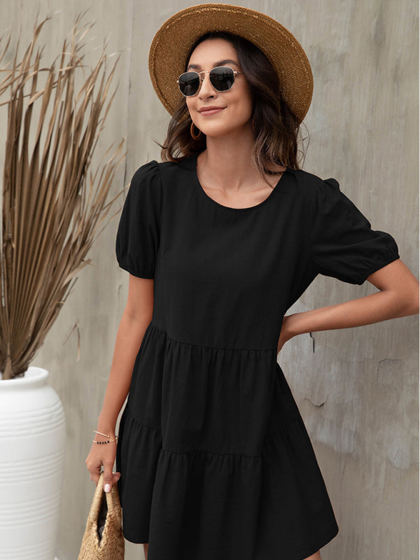 Dresses- Losse A-line Tiered Puff Sleeve Mini dress- - IndioGear Fashion and Gear