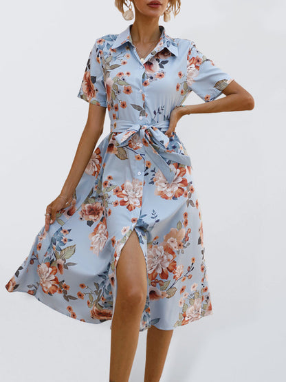 Dresses- Printed V-neck lantern long-sleeved loose casual shirt - Midi dress- Blue- IndioGear Fashion and Gear