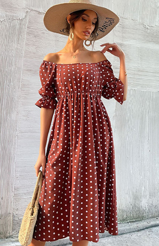 Dresses- Puff-Sleeved Polka Dot Empire Midi Dress with Gathered Waist- - IndioGear Fashion and Gear