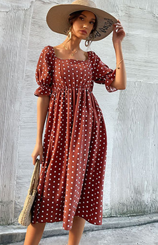 Dresses- Puff-Sleeved Polka Dot Empire Midi Dress with Gathered Waist- - IndioGear Fashion and Gear