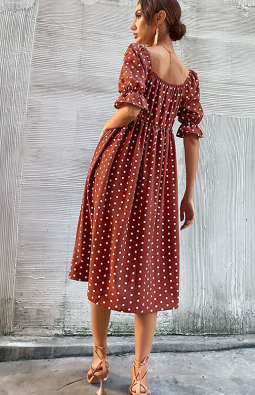 Dresses- Puff-Sleeved Polka Dot Empire Midi Dress with Gathered Waist- - IndioGear Fashion and Gear