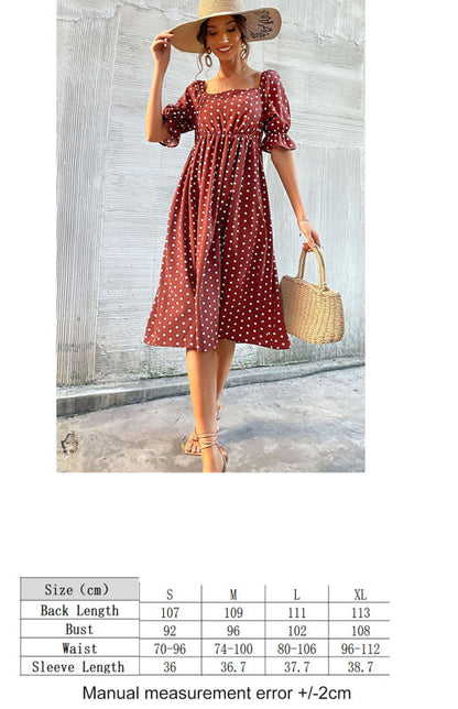 Dresses- Puff-Sleeved Polka Dot Empire Midi Dress with Gathered Waist- - IndioGear Fashion and Gear