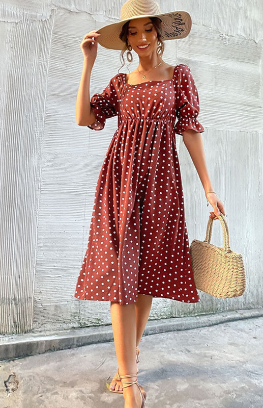 Dresses- Puff-Sleeved Polka Dot Empire Midi Dress with Gathered Waist- - IndioGear Fashion and Gear