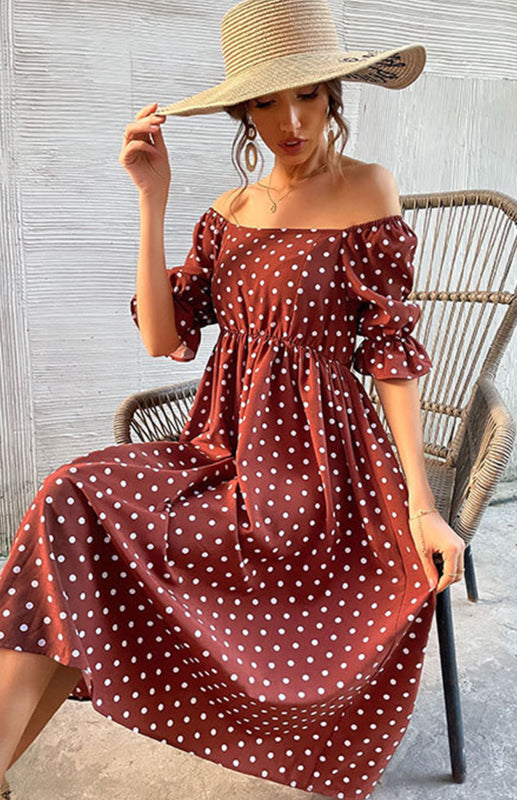 Dresses- Puff-Sleeved Polka Dot Empire Midi Dress with Gathered Waist- - IndioGear Fashion and Gear