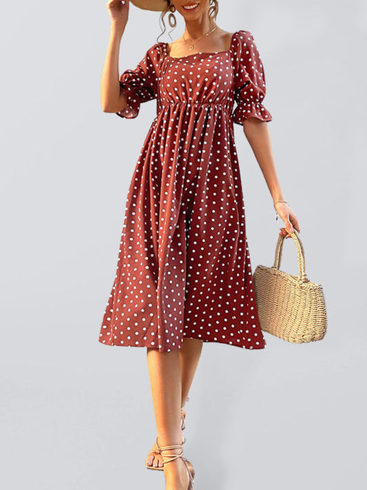 Dresses- Puff-Sleeved Polka Dot Empire Midi Dress with Gathered Waist- Brick red- IndioGear Fashion and Gear