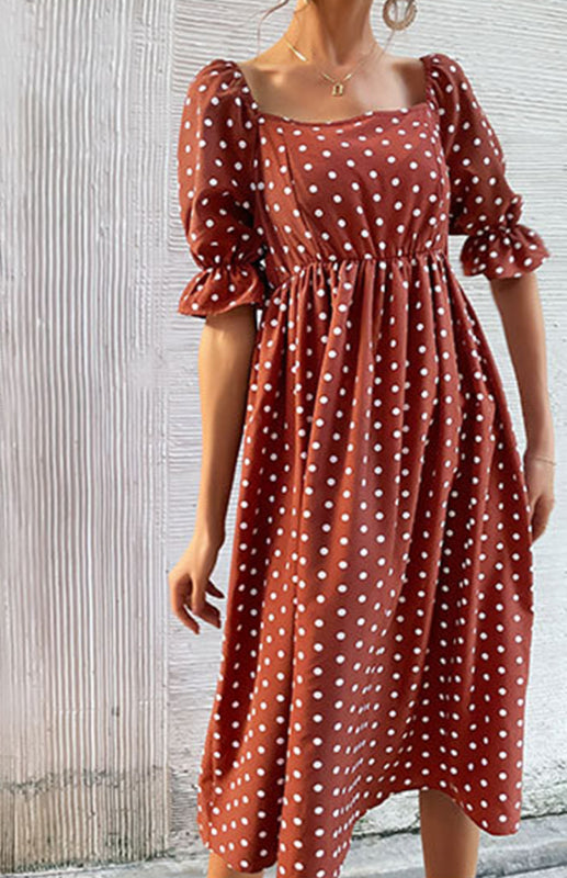 Dresses- Puff-Sleeved Polka Dot Empire Midi Dress with Gathered Waist- - IndioGear Fashion and Gear