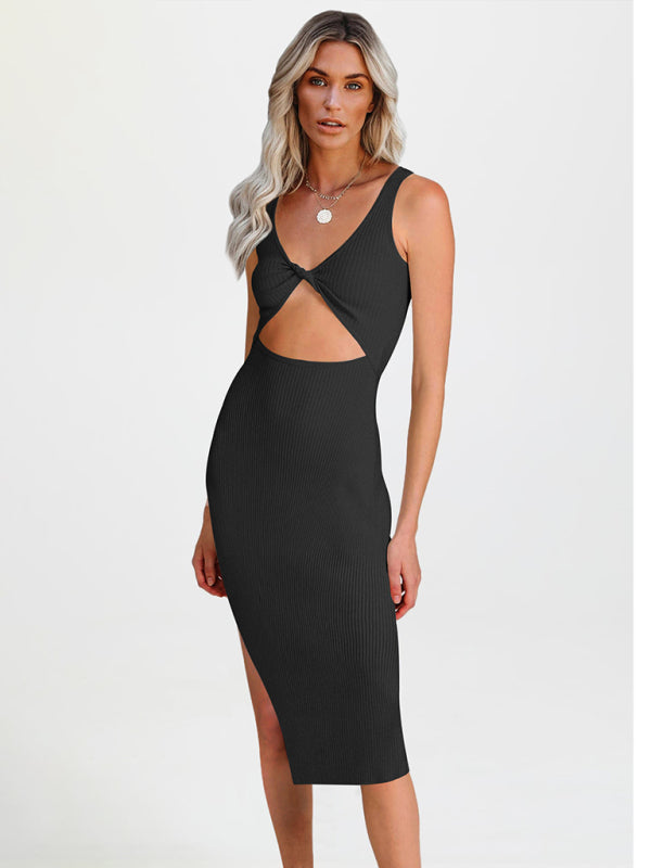 Dresses- Ribbed Reversible Sleeveless Bodycon Midi Dress- - IndioGear Fashion and Gear