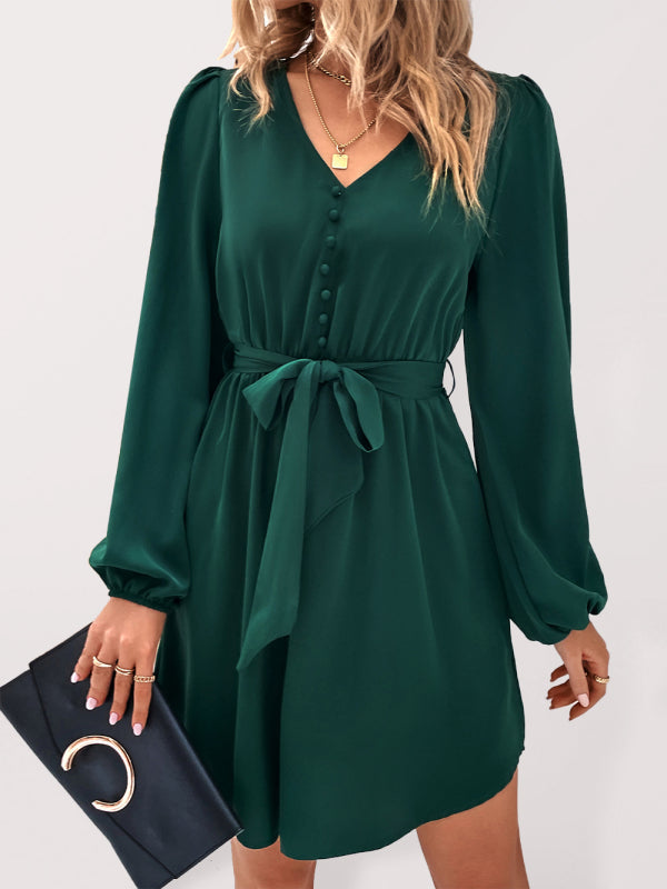 Dresses- Solid A-Line Long Sleeve Waist Tie Mini Dress- Dark green- IndioGear Fashion and Gear