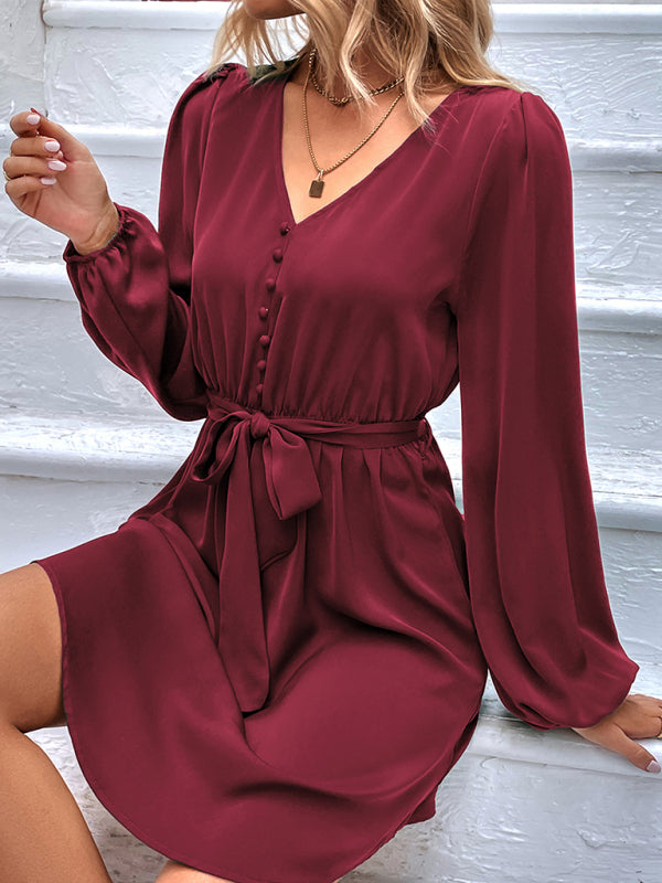 Dresses- Solid A-Line Long Sleeve Waist Tie Mini Dress- Wine Red- IndioGear Fashion and Gear