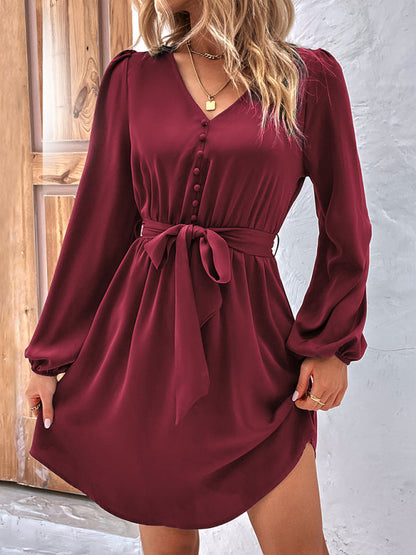 Dresses- Solid A-Line Long Sleeve Waist Tie Mini Dress- - IndioGear Fashion and Gear