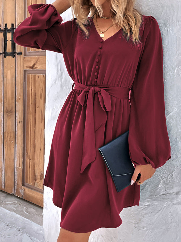 Dresses- Solid A-Line Long Sleeve Waist Tie Mini Dress- - IndioGear Fashion and Gear