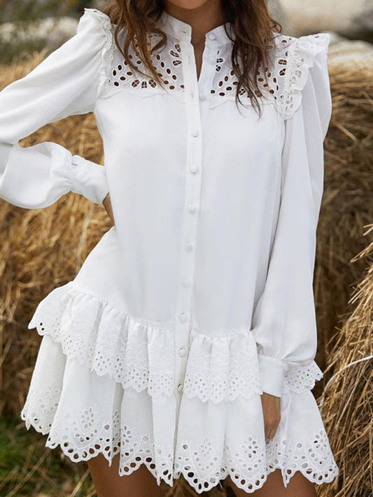 Dresses- Solid Guipure Lace Accents Button Long Sleeve Ruffle Dress- White- IndioGear Fashion and Gear