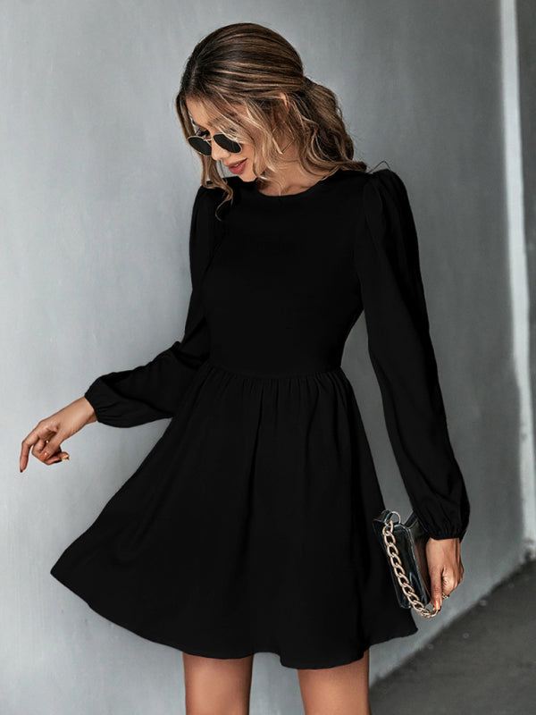 Dresses- Solid Lace-up Back Mini Dress with Puff Long Sleeve- - IndioGear Fashion and Gear