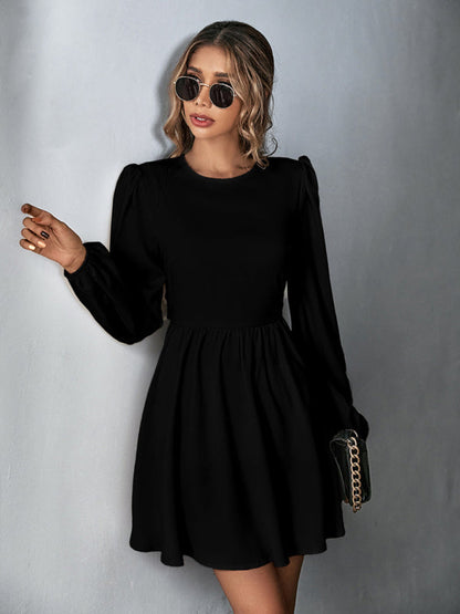 Dresses- Solid Lace-up Back Mini Dress with Puff Long Sleeve- - IndioGear Fashion and Gear