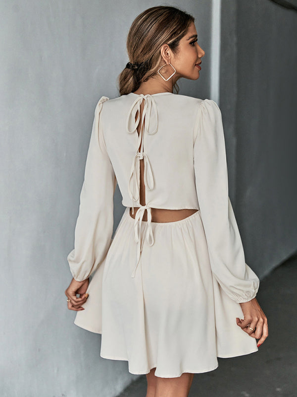 Dresses- Solid Lace-up Back Mini Dress with Puff Long Sleeve- - IndioGear Fashion and Gear